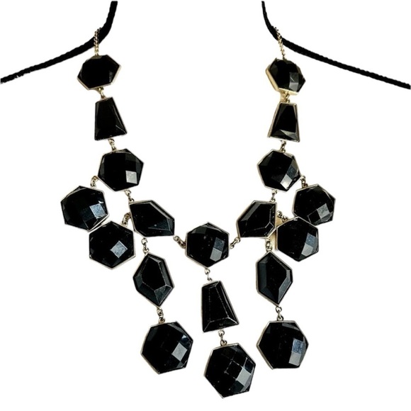 Statement Bib Necklace Black Faceted Acrylic Disks Silvertone Chain - Picture 1 of 11